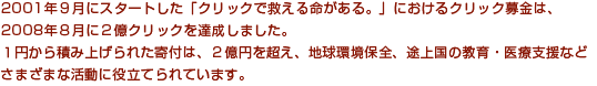 2001ǯ10��˥������Ȥ����֥���å��ǵߤ���̿�����롣�פˤ����륯��å����ϡ�2008ǯ����ˣ�������å���ã�����ޤ�����
���ߤ����Ѥ߾夲��줿���դϡ������ߤ�Ķ�����ϵ�Ķ��������Ӿ��ζ��顦���Żٱ�ʤɤ��ޤ��ޤʳ�ư����Ω�Ƥ��Ƥ��ޤ���