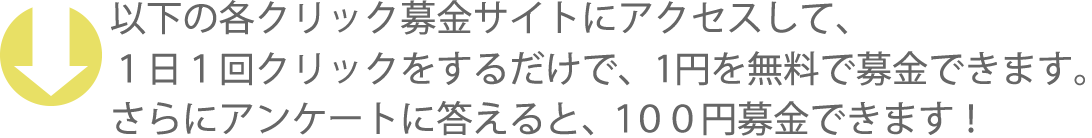 以下の各クリック募金サイトにアクセスして、1日1回クリックをするだけで、1円を無料で募金できます。さらにアンケートに答えると、100円募金できます！